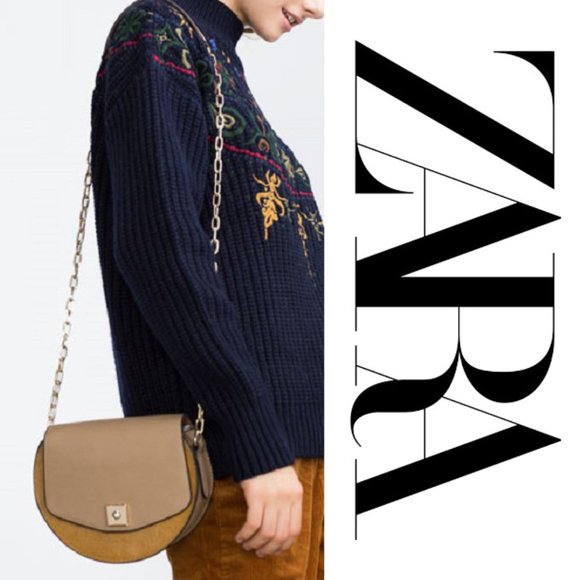 Zara Handbags - Zara Crossbody Purse Saddle Silhouette Faux Leather Calf Hair Shoulder Bag Tan